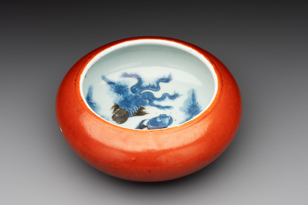 A Chinese coral-red-glazed blue, white and copper-red 'goldfish' brush washer, 20th C.