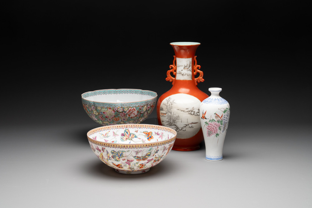 A Chinese grisaille coral red-ground vase, a famille rose eggshell vase and two bowls, Qianlong mark, 20th C.