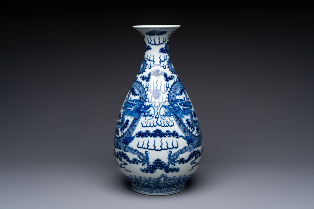 A rare and large Chinese blue and white 'yuhuchunping' vase with dragons, Guangxu mark and of the period
