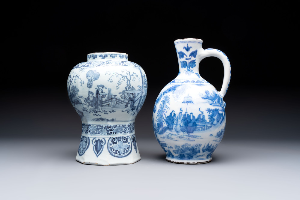 A blue and white Dutch Delft Transitional style chinoiserie vase and a jug, late 17th C.