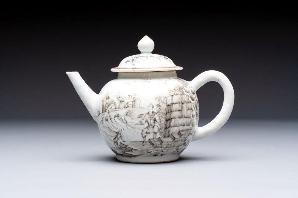 A Chinese grisaille teapot and cover with figural design, Qianlong