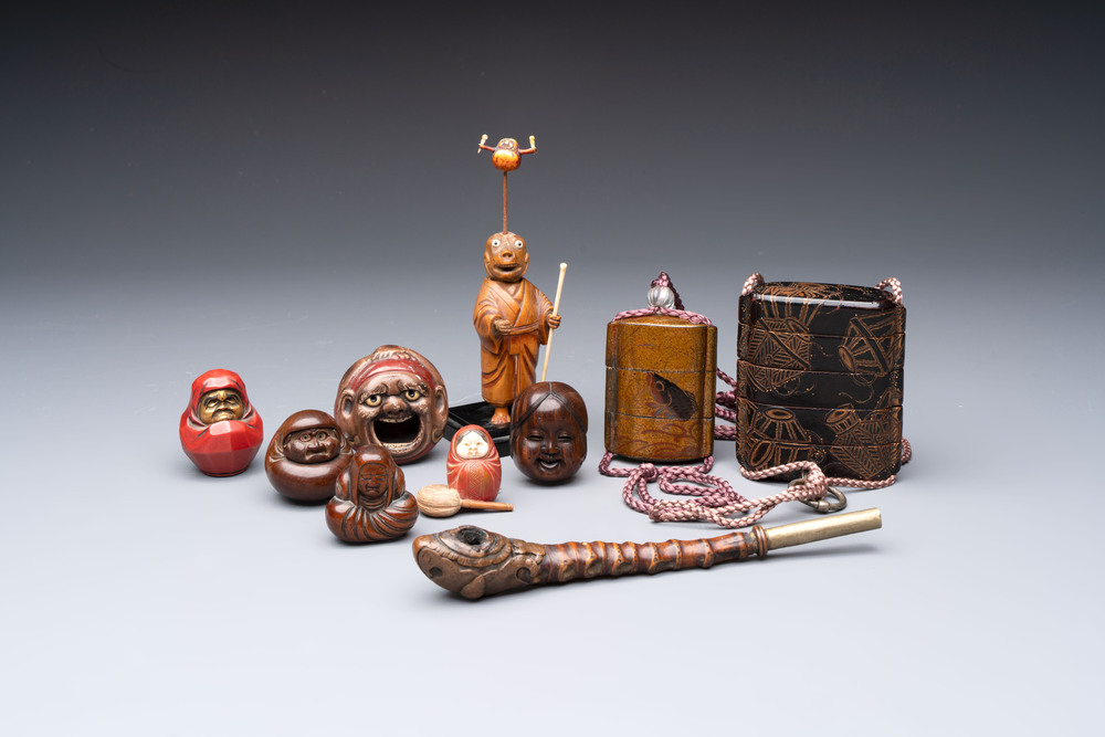 Two Japanese lacquer inro, a pipe and seven netsuke, some signed, Edo/Meiji, 18/19th C.