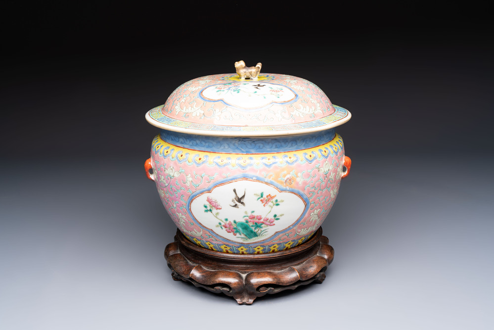 A Chinese famille rose pink-ground 'kamcheng' bowl and cover for the Straits or Peranakan market, on a wooden stand, 19th C.