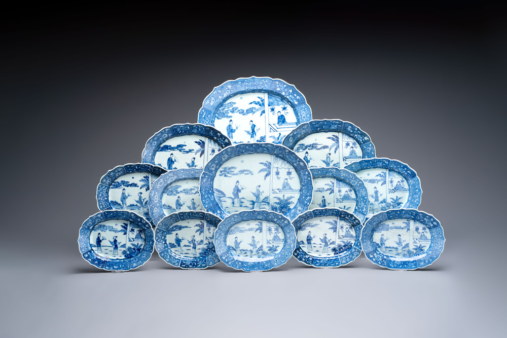 13 Chinese blue and white 'Xi Xiang Ji' serving dishes, Qianlong