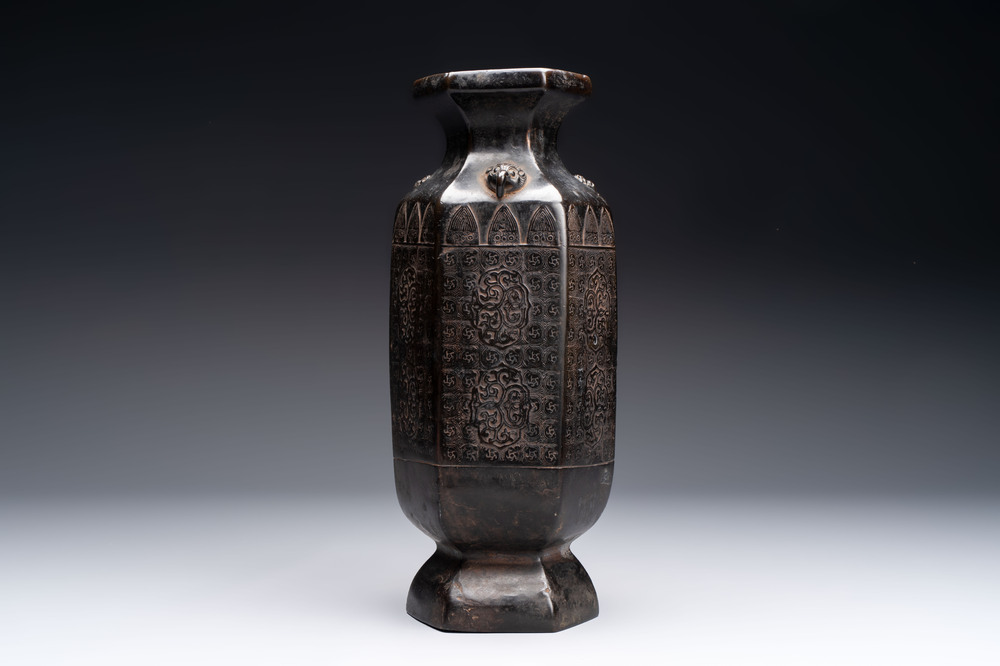 A rare Chinese hexagonal archaistic bronze vase with flame design, Song/Yuan