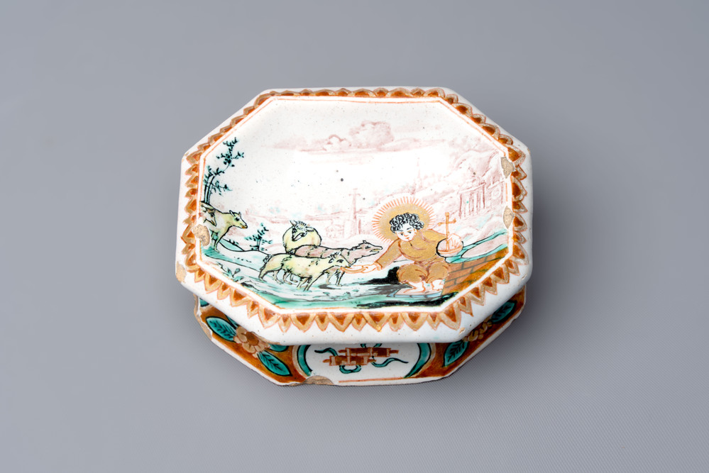 A fine polychrome Dutch Delft dor&eacute; 'good shepherd' salt, 18th C.