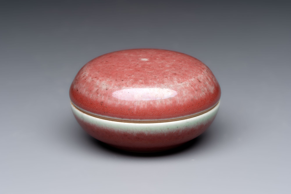 A Chinese peachbloom-glazed ink paste box and cover, Kangxi mark and of the period