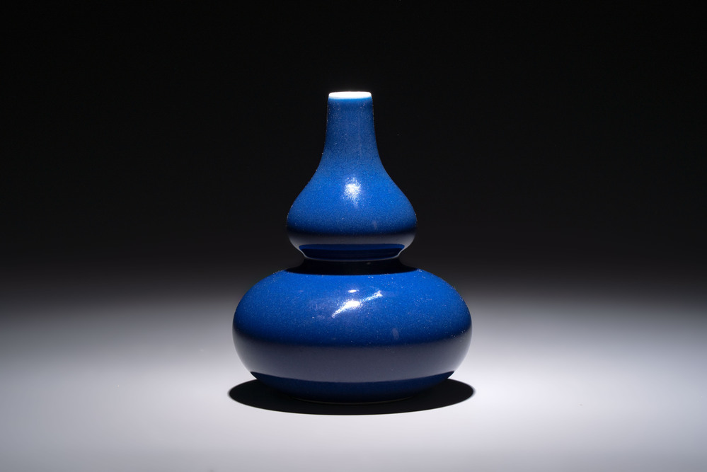 A fine Chinese sacrificial blue-glazed double gourd vase, Qianlong mark and of the period