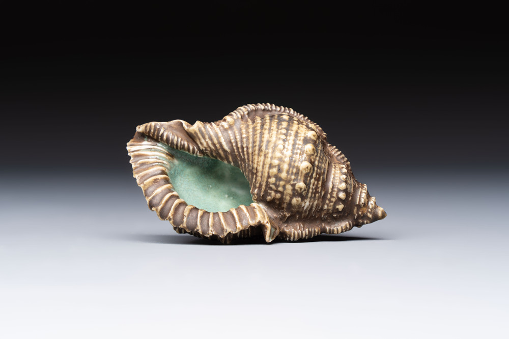 A rare Chinese brown- and turquoise-glazed conch-form brush washer, Qianlong