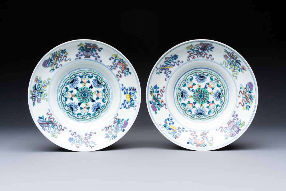 A pair of Chinese doucai 'anbaxian 暗八仙' plates, Xianfeng mark and of the period