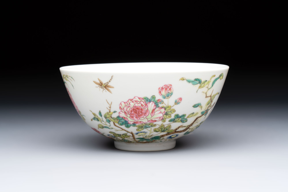 A Chinese famille rose &lsquo;peony and dragonfly&rsquo; bowl, Yongzheng mark, Republic