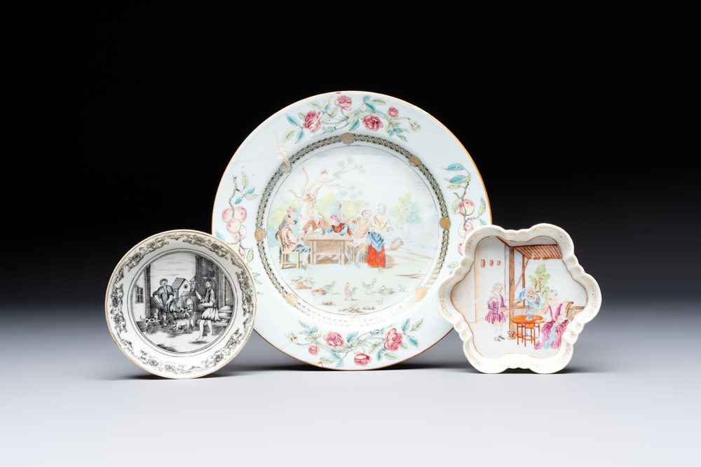 A Chinese famille rose 'card-players' plate, a pattipan and a grisaille saucer, Qianlong