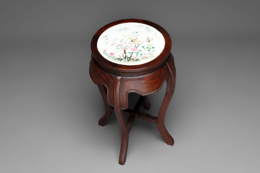A Chinese hardwood table with a famille rose plaque top, Republic