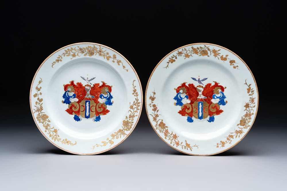 A pair of Chinese armorial dishes with the arms of Valckenier of Amsterdam for the Dutch market, Yongzheng