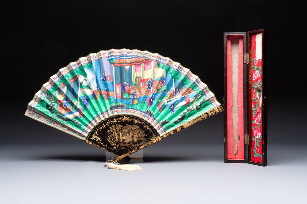 A Chinese Canton gilt-lacquered and painted paper fan with its original box, 19th C.