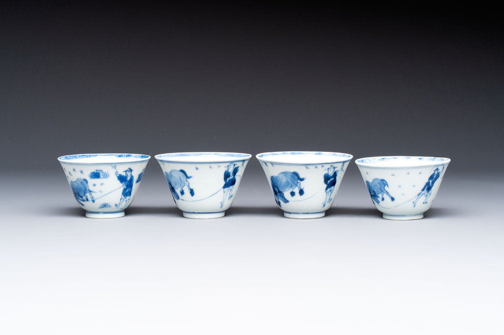Four Chinese blue and white 'boy and buffalo' cups, Qi Yue Ru Yu 奇玥如玉 and Kun Chi Yu Shi 崑池玉石 marks, Yongzheng