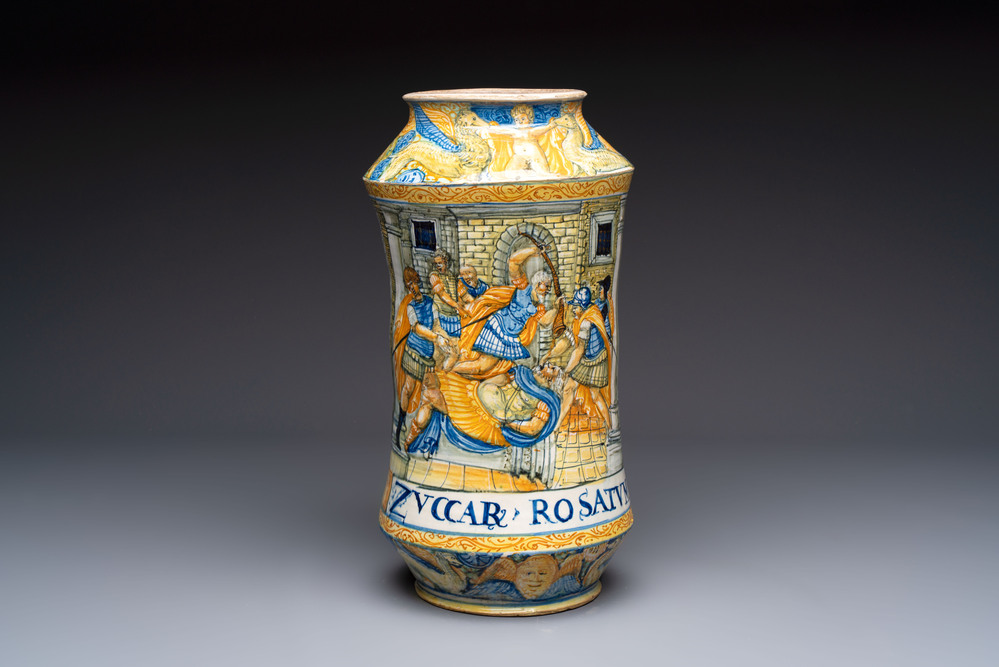 A rare massive Italian maiolica albarello with the arms of Boerio, Angelo and Ludovico Picchi workshop, Casteldurante, ca. 1562-1563