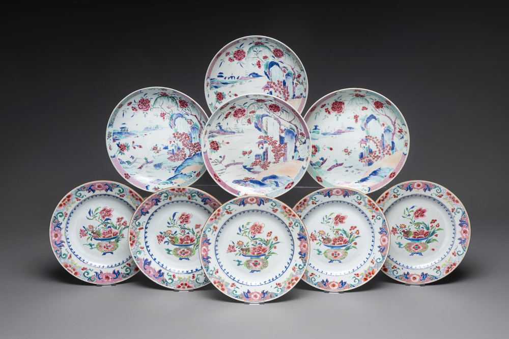 Four Chinese famille rose 'riverscape' plates and five 'flower basket' plates, Qianlong