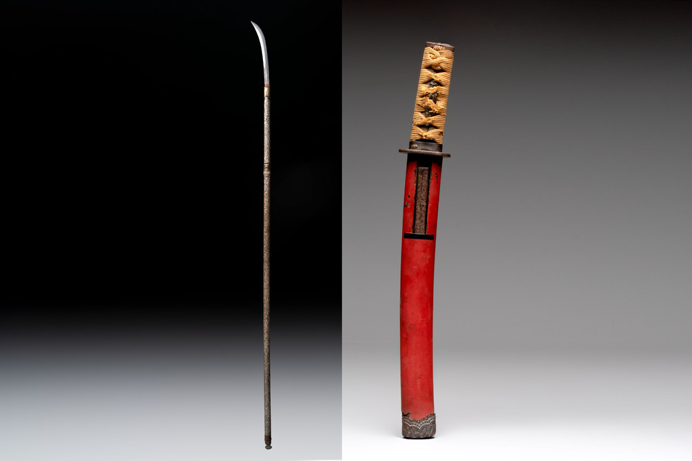 A Japanese 'raden' naginata and a wakizashi 脇差 sword with a red-lacquered saya, Edo, 17/19th C.