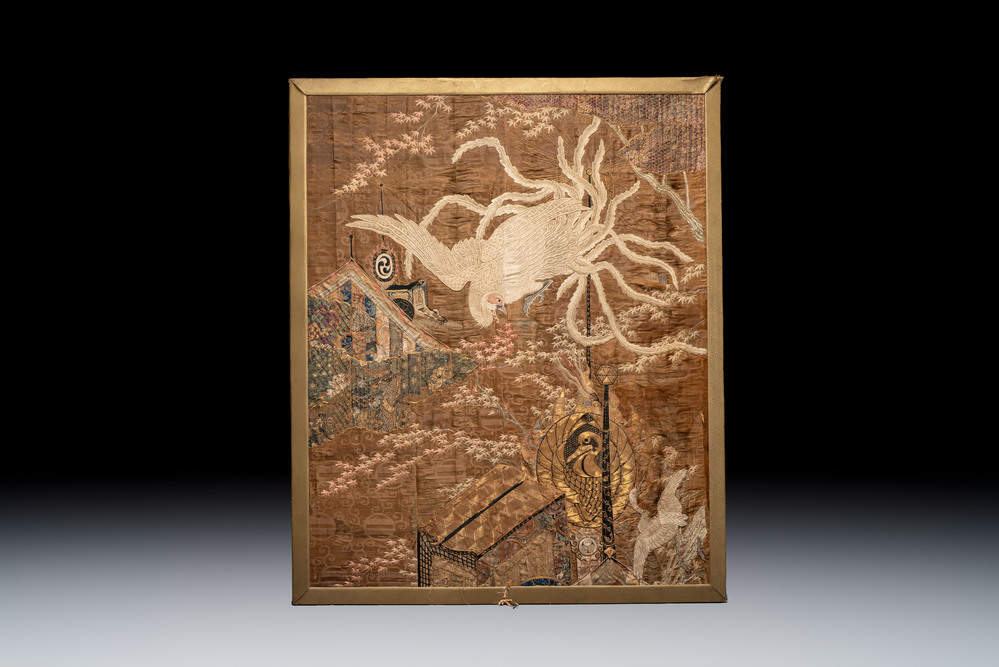 A Japanese embroidered silk 'phoenix' panel, Meiji, 19th C.
