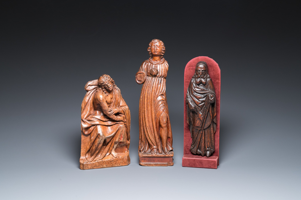Three carved wooden sculptures of the Pensive Christ, Antonius the Great and a Saint, 16th C.