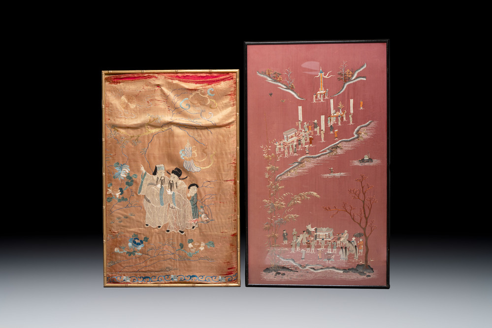 Two embroidered silk panels with figural design, China and Vietnam, 19th C.