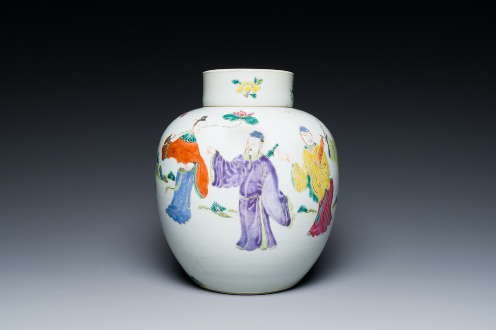 A Chinese famille rose jar and cover with figural design, Yongzheng