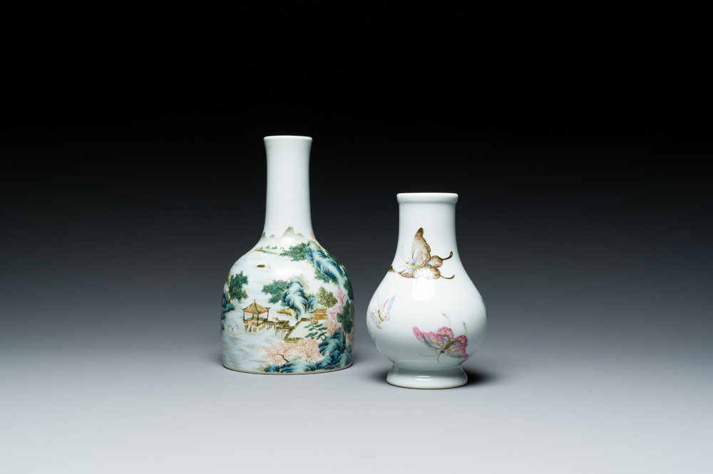 A Chinese famille rose 'riverscape' vase and a 'butterfly' vase, 20th C.