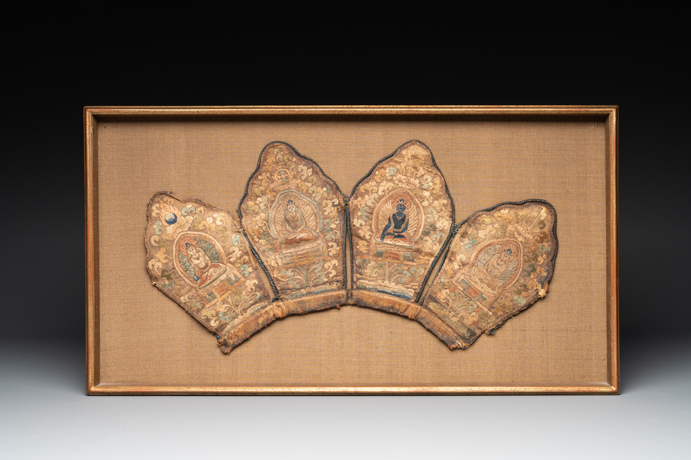 A framed Tibetan silk-embroidered four-leaf ritual crown with Transcendent Buddhas, 18th C.