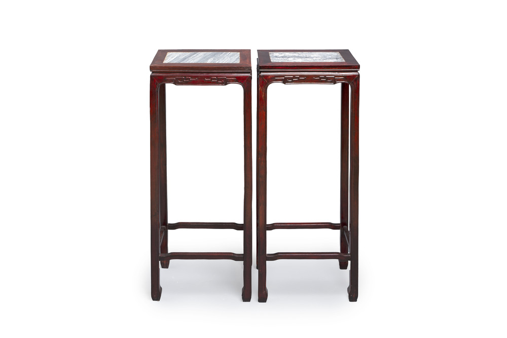 A pair of Chinese rectangular hongmu stands with marble top, Canton, 20th C.