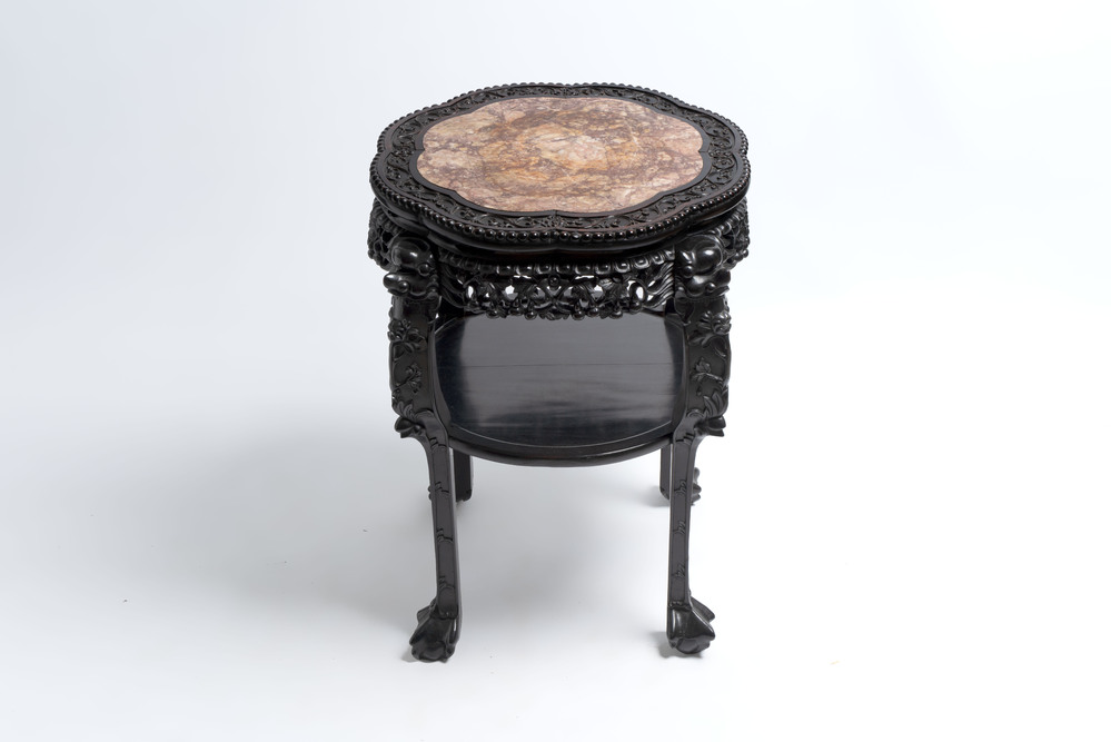 A Chinese hongmu two-tier stand with marble top, Canton 19th C.