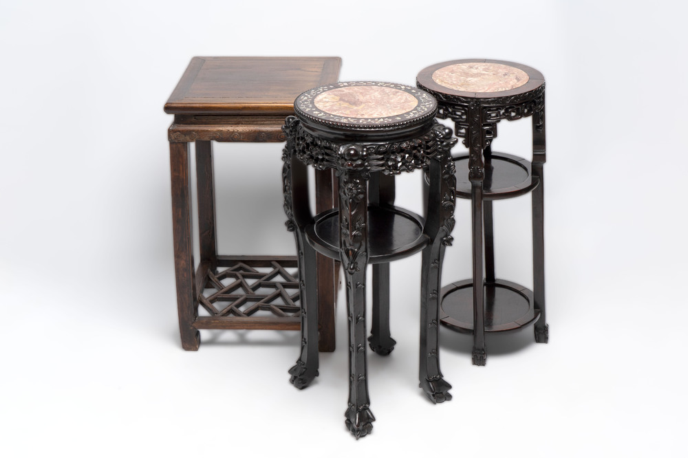 Two Chinese homgmu two-tier stands with marble top and a wooden square stand, 19/20th C.