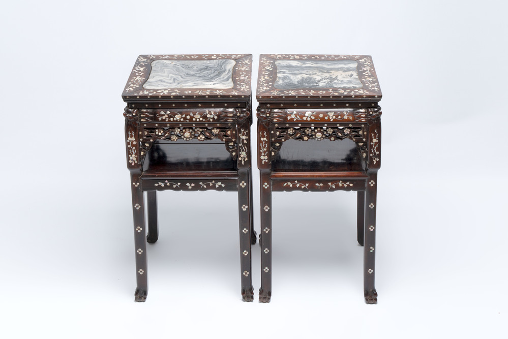 A pair of Chinese hongmu two-tier stands with marble top and mother-of-pearl inlay, Canton, 19th C.