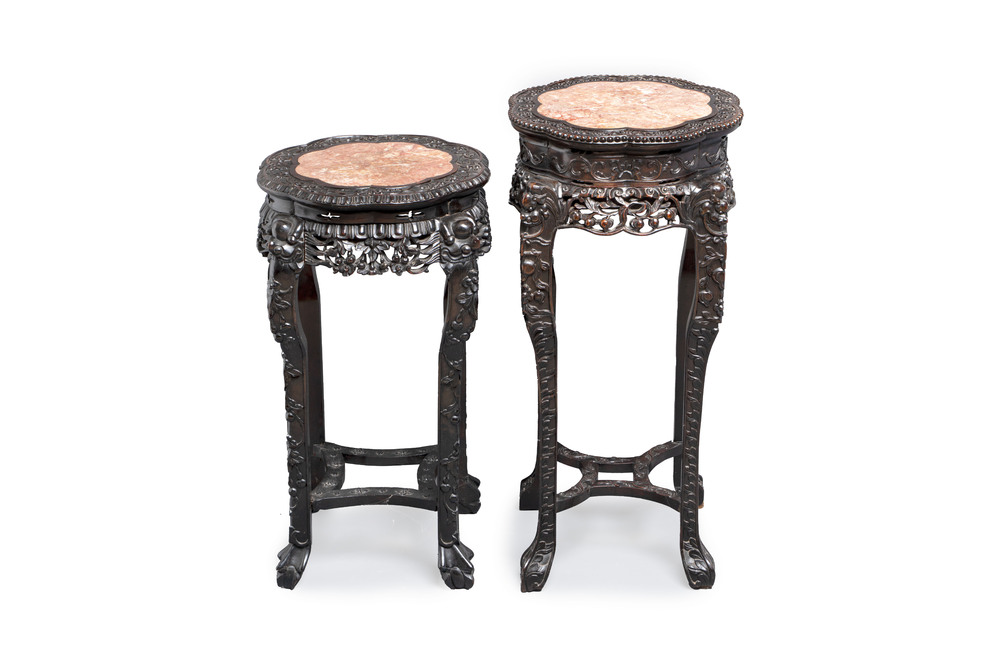 Two Chinese hongmu stands with marble top, Canton, 19th C.