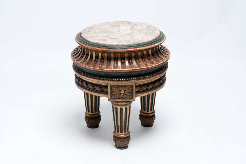 A neoclassical-style gilt-lacquered wooden tripod stand with a marble top, possibly France, 19/20th C.