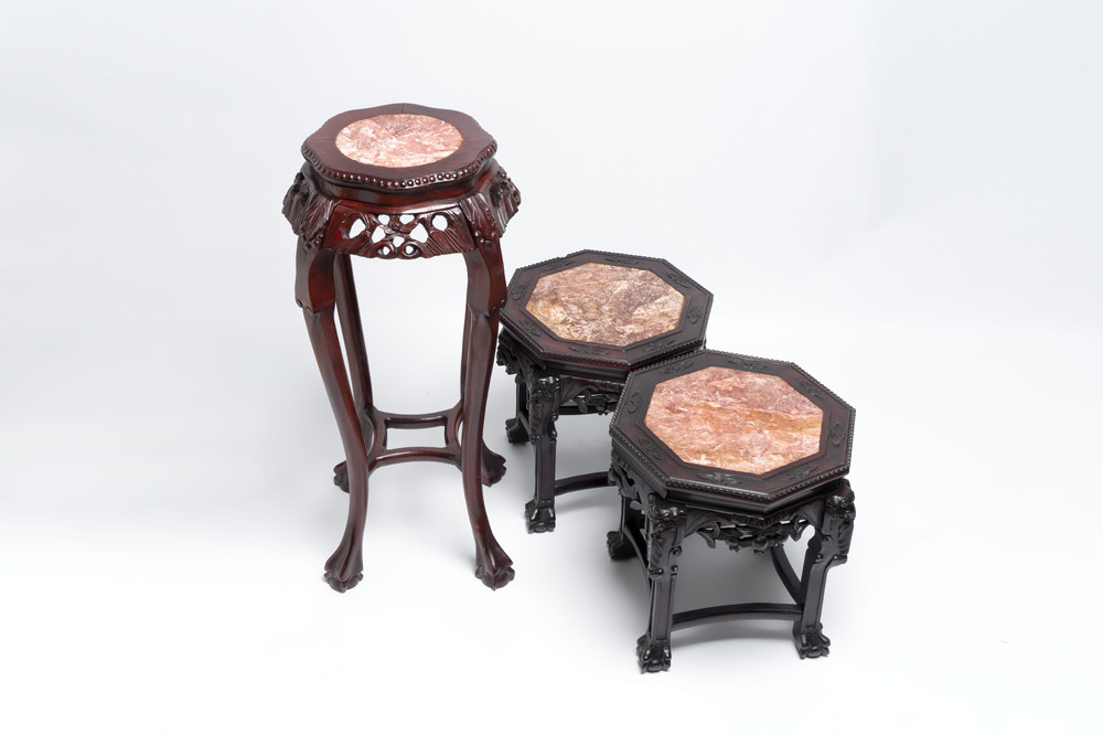 Three Chinese hongmu stands with marble top, 20th C.