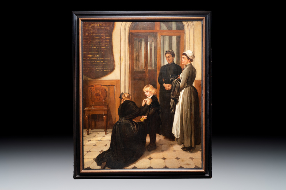 Alfred Dixon (London, 1842-1919): 'A Mother&rsquo;s Farewell at Wanstead Orphan Asylum', oil on canvas, ca. 1890