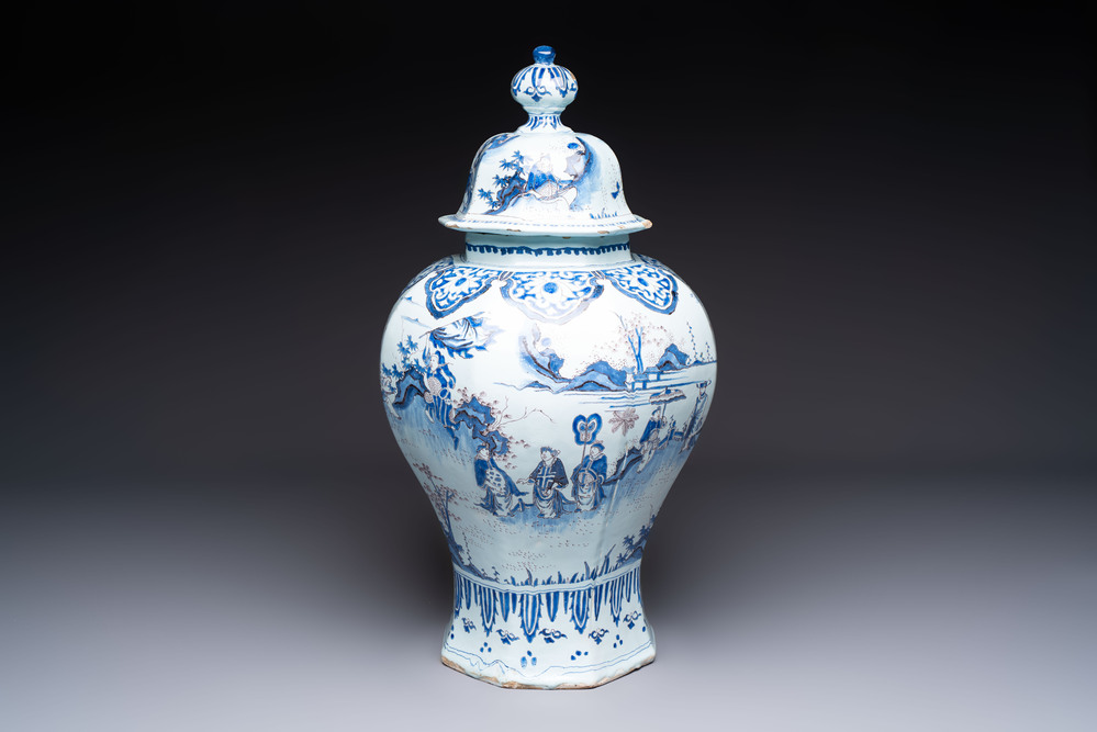 An exceptional blue, white and manganese Dutch Delft Transitional style chinoiserie vase and cover, 17th C.