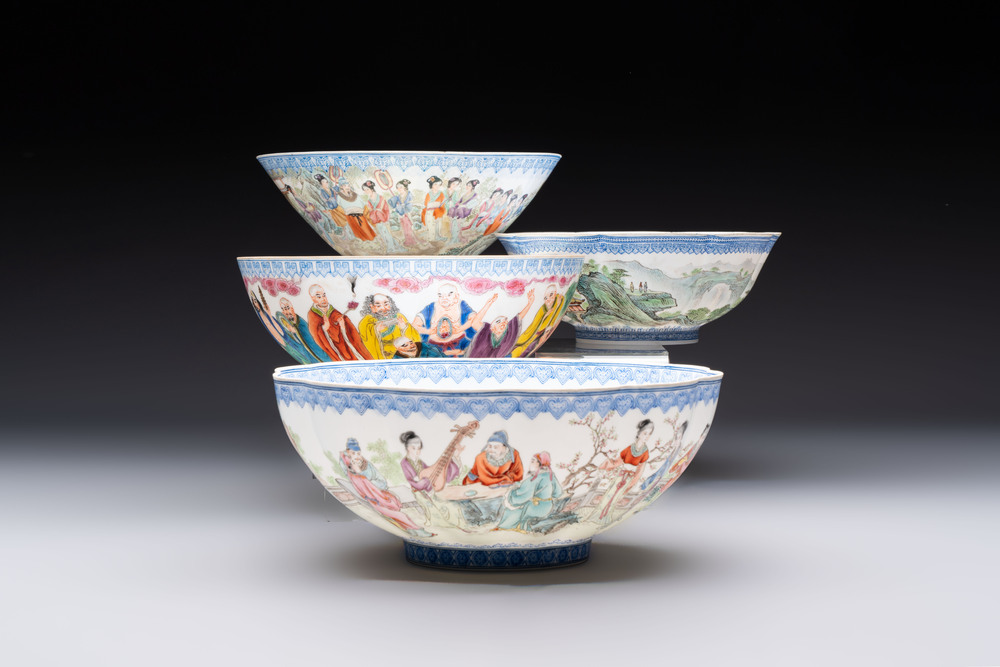 Four Chinese famille rose eggshell bowls with 'immortals' and 'landscape' design, Republic