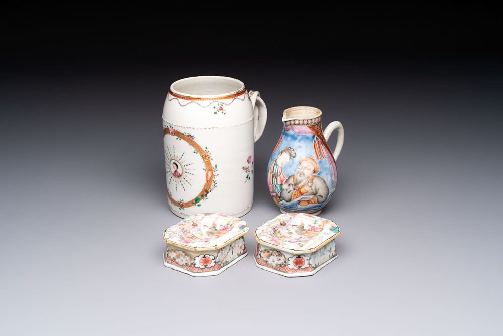 A Chinese famille rose export milk jug, two salts and a barrel-shaped tankard, Qianlong