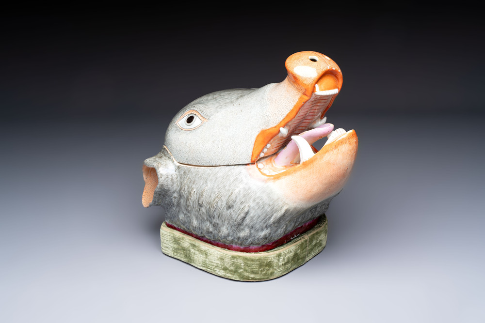 A rare Chinese famille rose 'boar head' tureen and cover, Qianlong