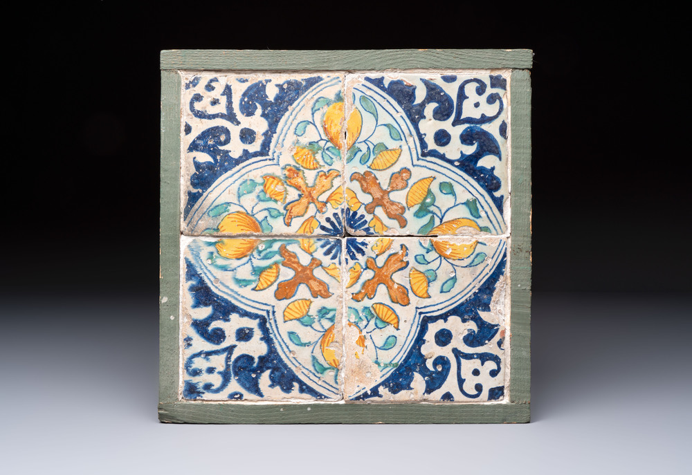A framed set of four Antwerp maiolica ornamental tiles, ca. 1580
