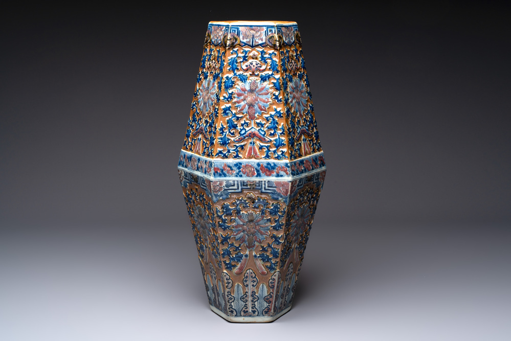 A rare Chinese hexagonal copper-red, blue and white brown-ground vase, 19th C.