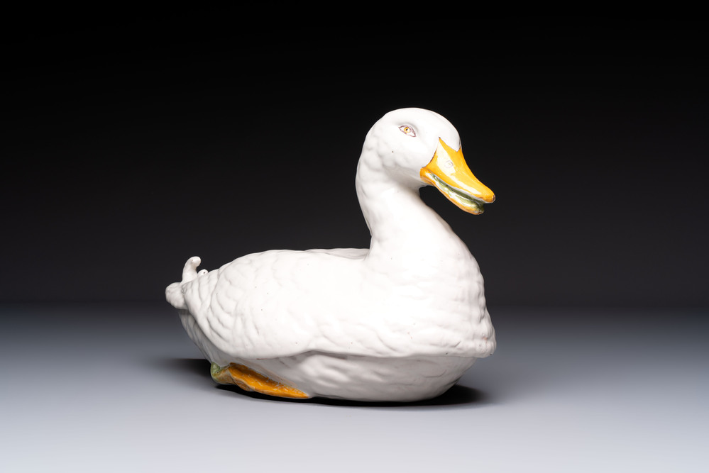 A polychrome French faience duck tureen and cover, Marseille, 18th C.