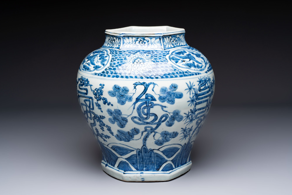 A Chinese blue and white hexagonal 'Three Friends of Winter' and 'shou 壽' vase, Wanli