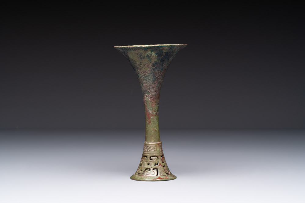 A Chinese archaic bronze wine vessel, 'gu 觚', early Shang