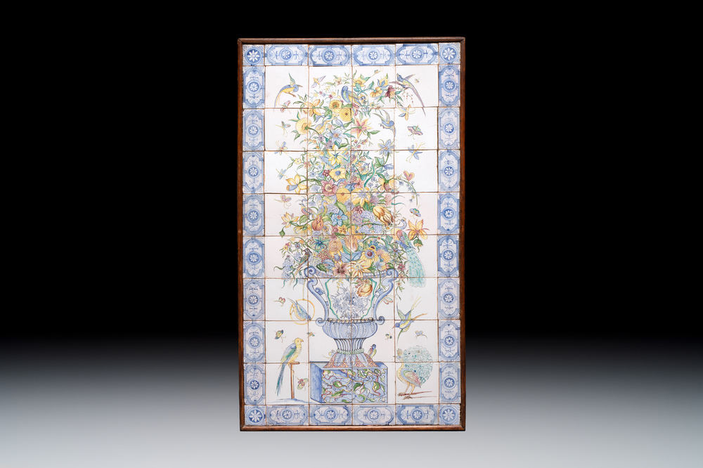 A polychrome Delftware 'flower vase and birds' tile mural, 20th C.