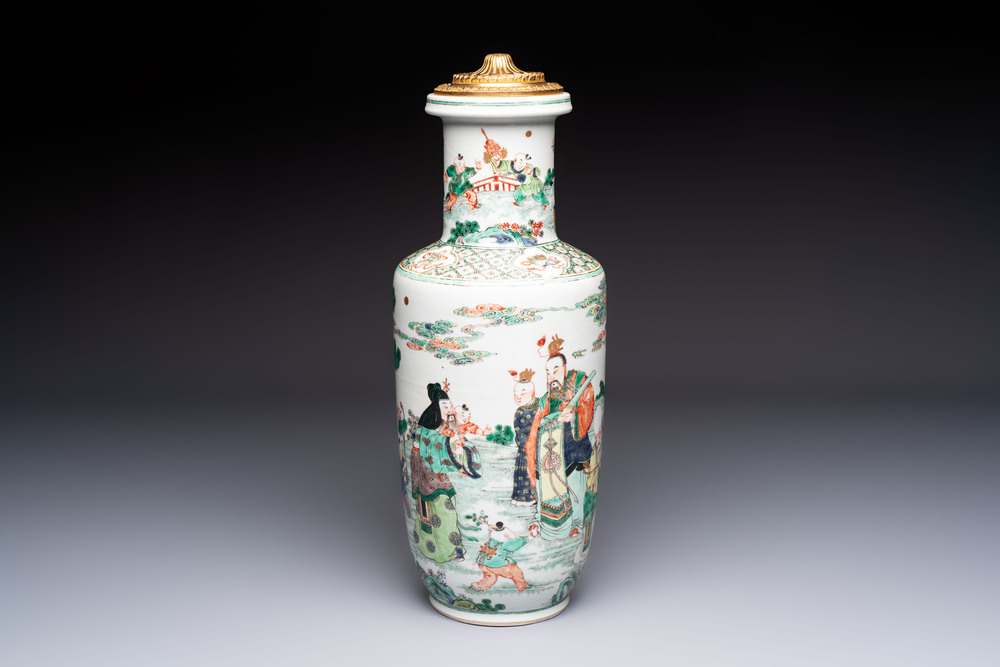 A fine Chinese famille verte 'Sanxing' rouleau vase with a gilt-bronze mount, Qing