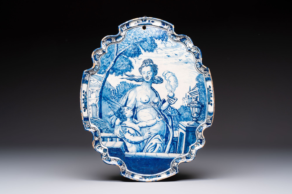 A fine blue and white Dutch Delft plaque with Venus and Amor, after an engraving by Hendrick Goltzius, 18th C.