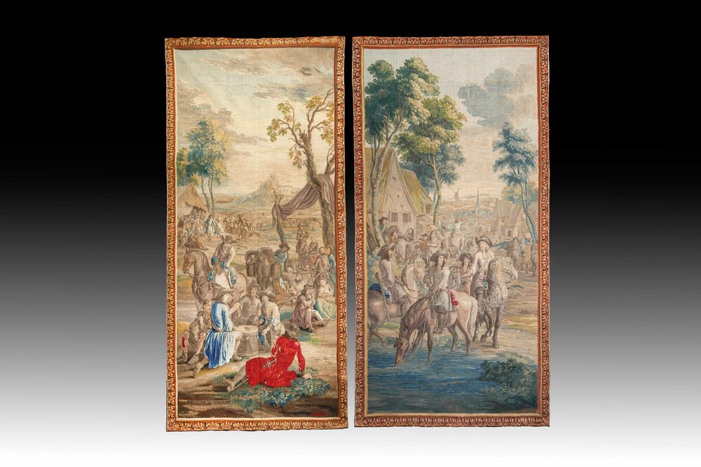 A pair of Brussels historical 'The Art of War' tapestries after Lambert De Hondt II, Judocus de Vos workshop, early 18th C.